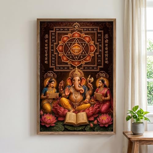 Image of Livin'luxe Ganesh Lakshmi Siddhi Yantra Wall Painting for Living Room Bedroom Pooja Room Decor with Premium Wooden Color Synthetic Frame, Spiritual Hindu Art Gift (13.5 x 19.5) NM01-4087