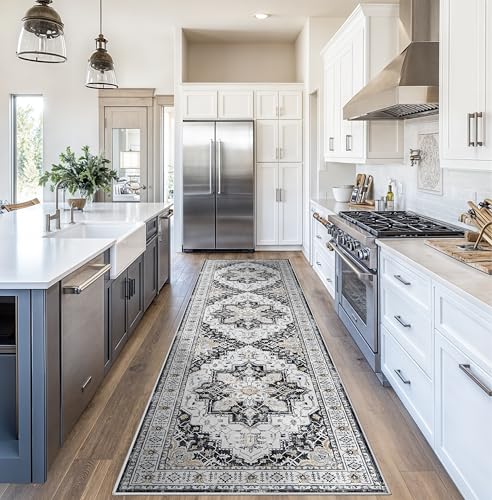 Madane Hallway Runner Rug 2'6''x10' Kitchen Runner, Non Slip Vintage Runners for Hallways Washable Kitchen Rugs Soft Low Pile 2.5x10 ft Rug Runner for Laundry Room, Entryway and Bedroom, Black