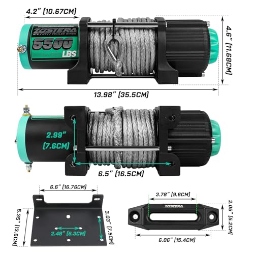 Image of 5500lbs ATV /UTV Winch with Synthetic Rope, Electric Boat Trailer Winch 12V, Waterproof Winch with 2 Wireless Remotes &Wired Switch,with Mounting Plate,Aluminium Fairlead