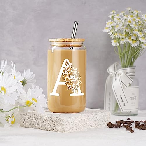 Image of Coolife Initial Glass Cup, Monogrammed Gifts for Women, 16 oz Tumbler w /Lid