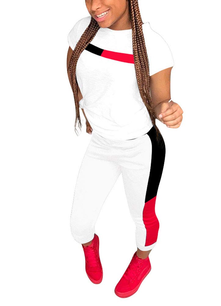 Kombinezon damski na lato moda dwuczęściowa koszulka + ubrania 7/8 fitness sport jogging spodnie joga casual basic, biały, S