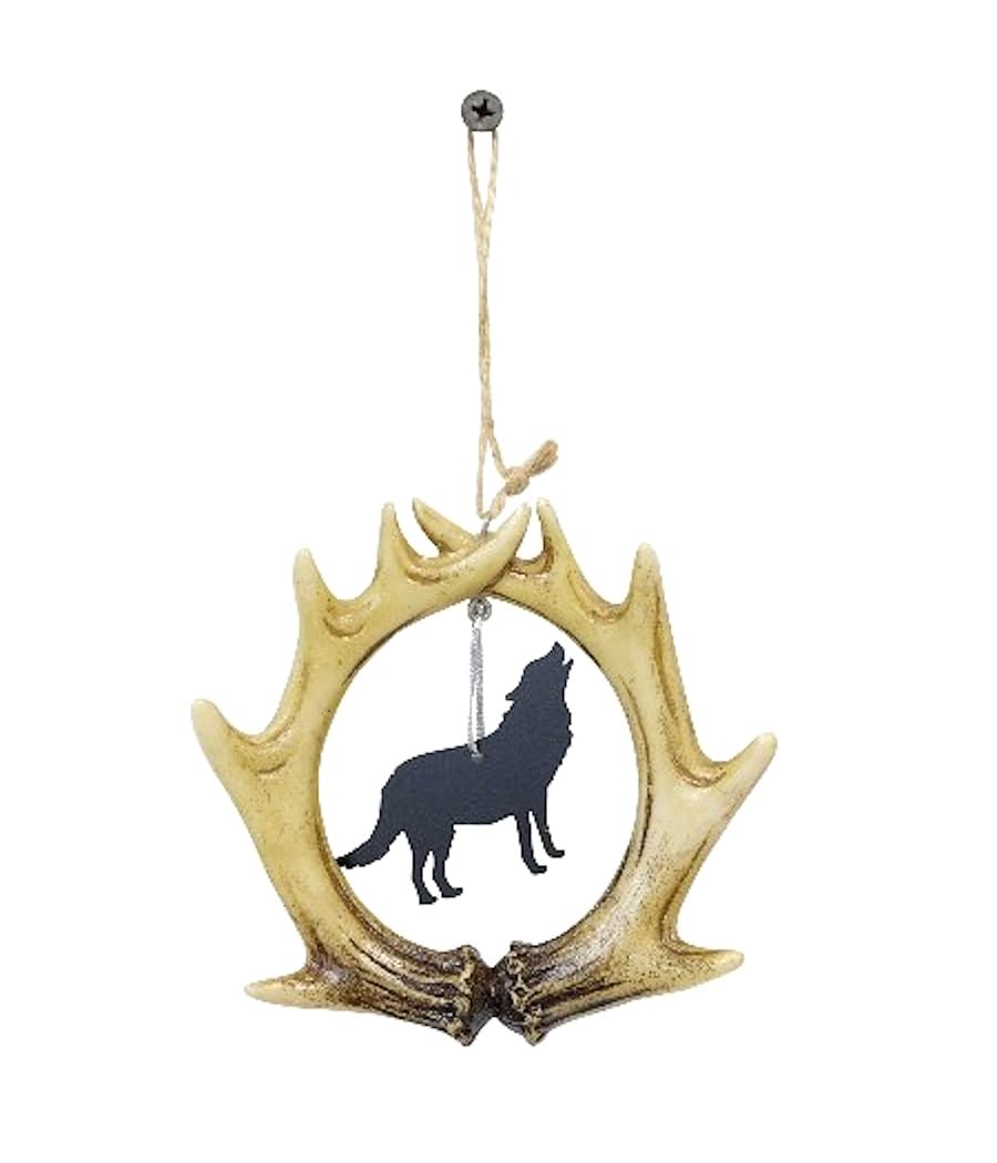 The Bridge Collection Wolf Antler Ornament - Rustic Howling Wolf Ornament for Holiday Decor - Antler Wreath Christmas Ornament - Holiday Cabin Decor
