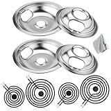 W10196405 W10196406 Stove Top Drip Pans with Locking Slot and MP22ya Stove Burners Elements Replacement for Whirl-pool Ama-na Electric Stove - Includes 2 6-in and 2 8-in Silver Drip Pans & Stove Coil