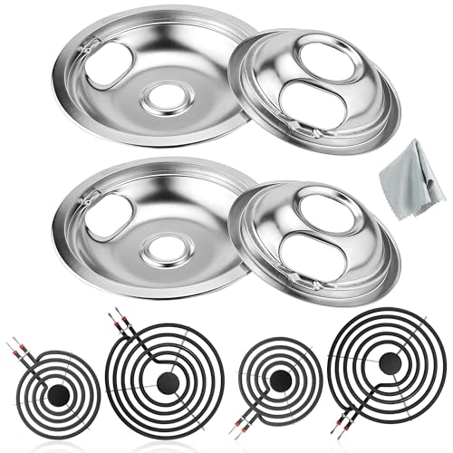 Silver Chrome Drip Pans and Electric Stove Burners Compatible with Amana/Maytag/Whirlpool Electric Stove, W10196405 W10196406 Stove Drip Pans & MP22YA Electric Range Burner Element by Fetechmate
