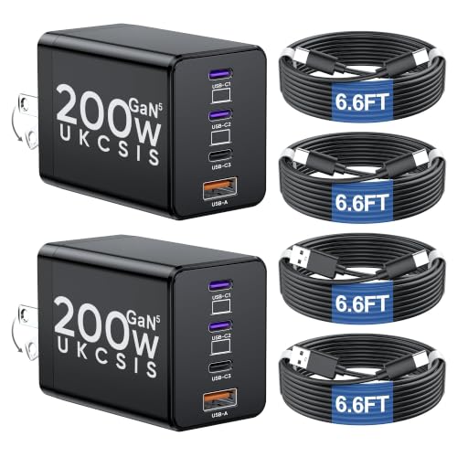 2 Pack 200W USB C Charger Block Foldable 4-Port GaN5 Super Fast Charger USB C Dual 65W Type C Charging Block Laptop Fast Charging Adapter for MacBook Pro/Air iPad iPhone Samsung Galaxy Black