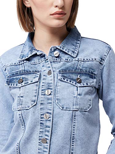 Image of Miss Chase Women's Cotton Blend Collared Full Sleeves Solid Buttoned Short Length Denim Jacket
