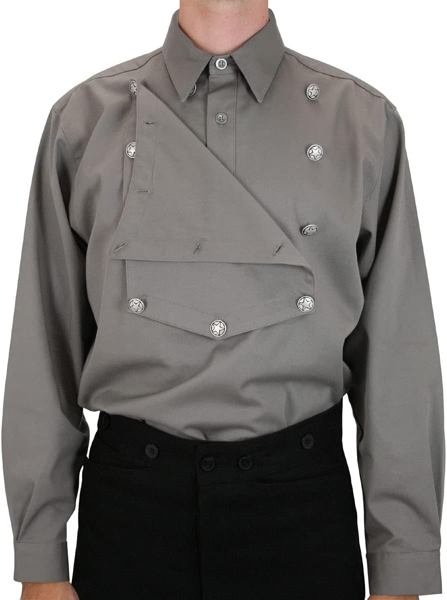 Historical Emporium Men's Classic Collar Removeable Bib Front Cotton Work Shirt, Old West Cowboy Period Reenactment