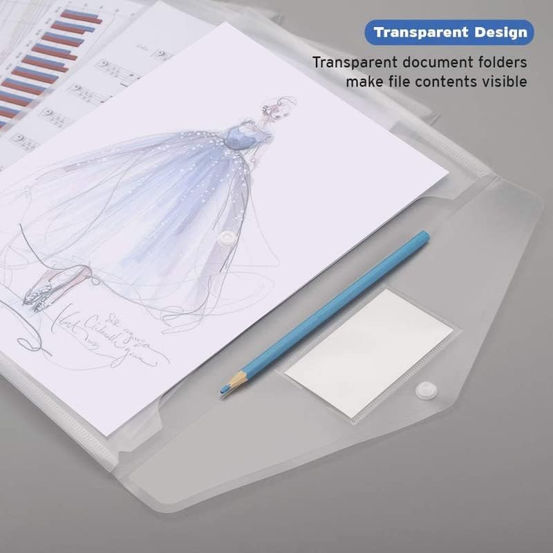 Image of A4 Document File Bag | Transparent Envelope Holder Storage Case with Snap Button | White Clear Plastic Organizer for Papers, Stationery (Pack of 5)