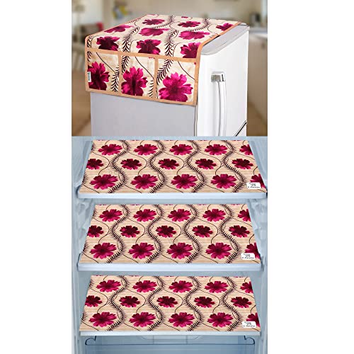 Image of Combo Set of 1 Pc Fridge Top Cover With 6 Utility Pockets and 3 Pc Fridge Mats (Golden, Set of 4)