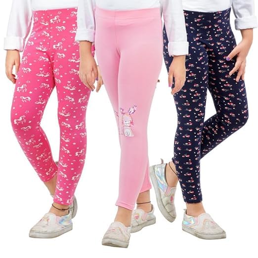 Image of Real Basics Girls Cotton Printed Non-Transparent Regular Fit Ankle Length Leggings (3 Leggings Set)