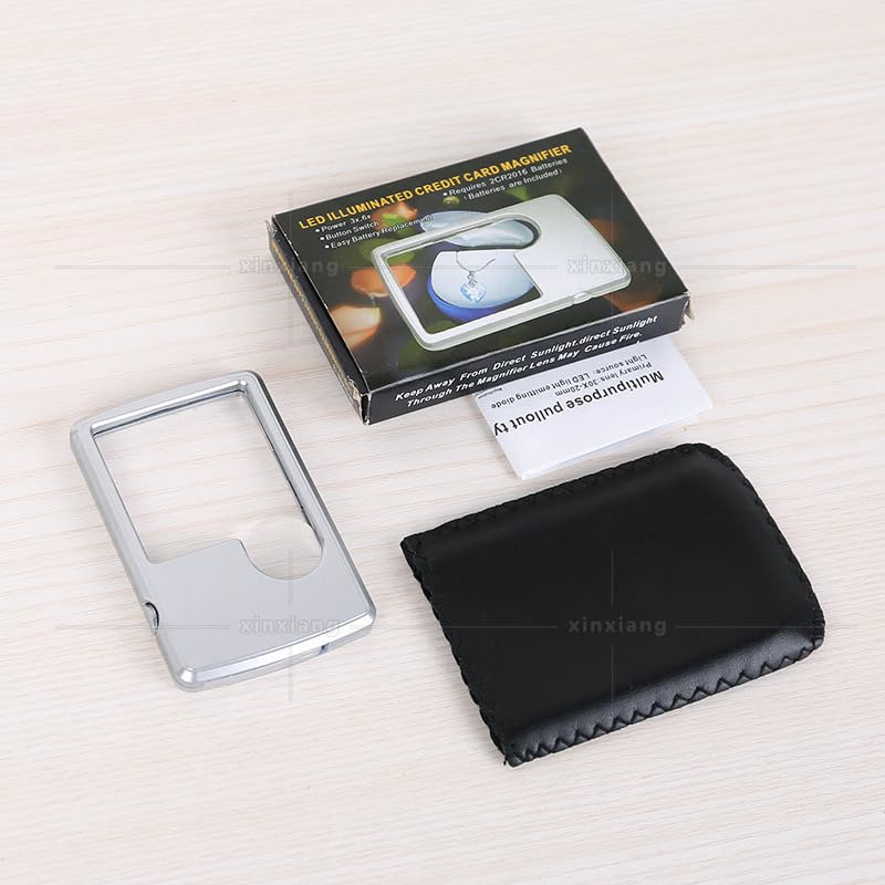 Pocket Magnifier with LED Light 3X 6X Double Lens Handheld Magnifying Glass Card Sized with Leather Case Glass for Reading Battery included