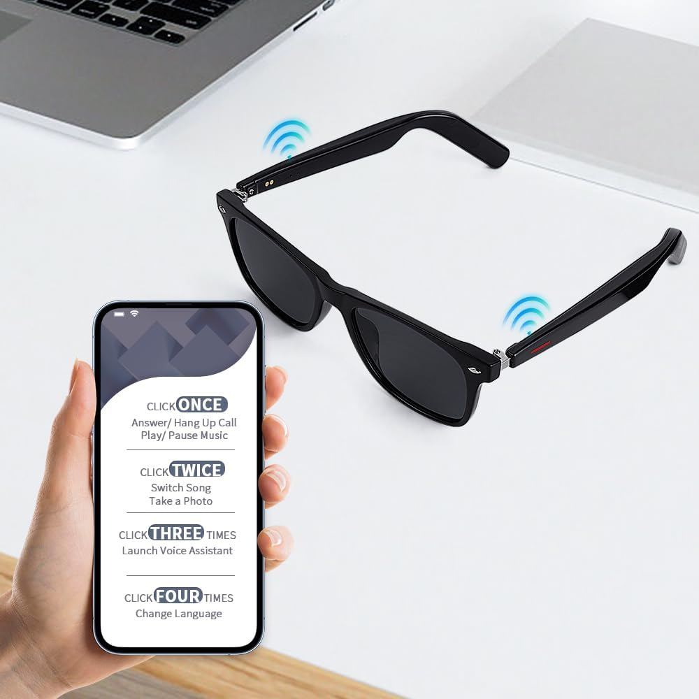 Smart Glasses Bluetooth Sunglasses for Men Women with Automatic Power On Off Open Ear Music Voice Assistant, Unisex Audio Intelligent Sunglasses Fits Smaller Faces, Great for Friends Family