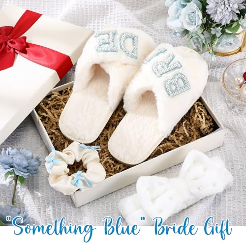 3 Pcs Bride to Be Gifts Set Bride Slippers Something Blue Hair scrunchie Pearl Headband for Wedding Day Engagement Bachelorette Party Supplies Bridal Shower Gifts2