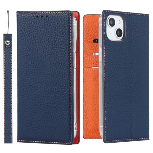 Coque iPhone 14 Plus en cuir véritable bleu élégant ELTEKER