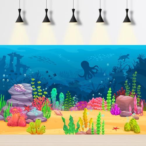 Image of Cartoon Underwater Landscape Aquarium Background Sea Water Animals Ocean Coral Reef Game Level Terrarium Background Blue Waves with Fish Octopus Sea Turtle Ocean Theme Fish Tank Backdrop 36x24in