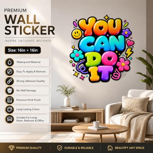 Image of Rangoli Motivational Quote Wall Sticker Self-Adhesive 16 x 16 Inch Waterproof Wall Decor for Living Room Bedroom Office You Can Do It Wall Decal