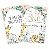 Wild One Birthday Party Invitation, Jungle Animals Invite Cards（20 Count) With Envelopes, Safari Zoo Fill In Style Invite Cards For Girls, Kids, Birthday Party Supplies-A45