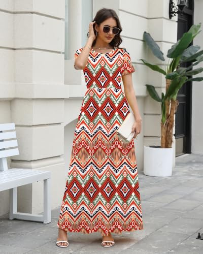 Image of COSSEN Women's Crew Neck Short Sleeve Maxi Dress with Pockets Casual Loose Swing for Wedding Guest Beach Vacation