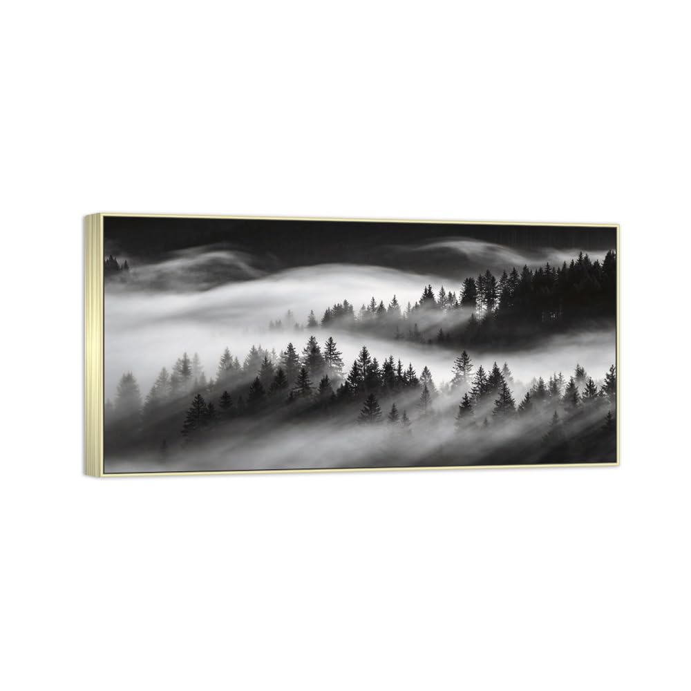 OZPWBVY Forest 2 Black White Landscape Canvas Picture 60x120cm Silver Frame