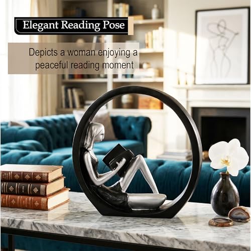 Image of Kuber Industries Resin Sitting Ring Girl Sculpture Idol | Reading Girl Statue Ornaments for Home /Office /Living Room /Table /Bookshelf /Desk | Black & Silver