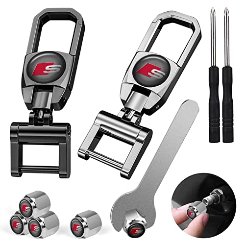 Hereneer 2 Pièces Porte-Clés de Voiture en Métal, 5 Pièces Bouchons de Valve, Accessoires de Voiture pour Audi RS RS3 RS7 A1 A3 A4 A5 A6 A7 A8 Q3 Q5 Q7 R8 Cover
