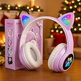 KERHAND Bluetooth Noise Cancelling Headphones for Kids,Foldable Cat Headphone with LED Light Up Ear,Cat Ear Headphones for Toddler with Microphone/TF Card,Kids Bluetooth Headphones for ipad