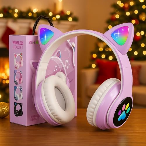 KERHAND Bluetooth Noise Cancelling Headphones for Kids,Foldable Cat Headphone with LED Light Up Ear,Cat Ear Headphones for Toddler with Microphone/TF Card,Kids Bluetooth Headphones for ipad