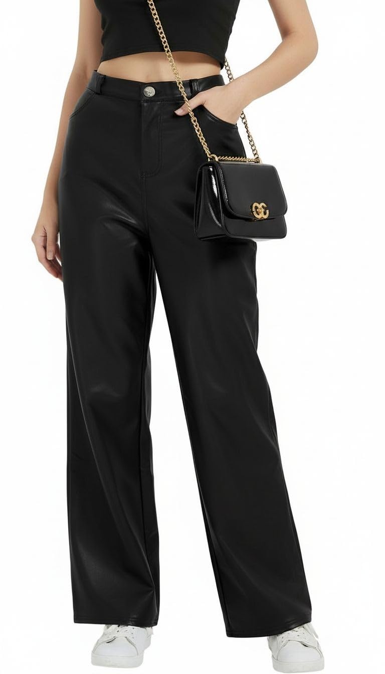 Women's Black Leather Pants - High Waist Faux Leather Straight Leg Bell Bottom Flare Pants