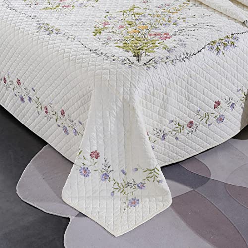 Vctops 3 Pieces Embroidered Cotton Quilted Bedspread Coverlet Set Oversize Queen Reversible Flowers Leaves Botanical Design 1 Quilt And 2 Pillow Shams (Floral,120"X118") #TOP3