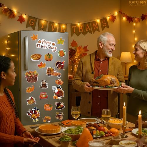 Image of KatchOn, Thanksgiving Refrigerator Magnets - Pack 21 | Happy Thanksgiving Decorations | Fridge Magnet Stickers for Car, Kitchen, Locker, Fridge | Harvest, Pumpkin, Maple Leaf, Autumn Stickers