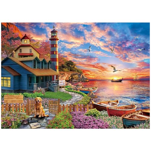 BenBen Puzzles for Adults 1000 Pieces, Sunset Lighthouse, Jigsaw Puzzles with Letters or Patterns on Back, Challenging Puzzles for Family Game Night Home Décor