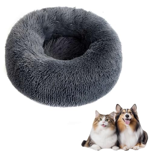 Zykphao Donut Dog Bed 50cm - Fluffy Plush Calming Pet Bed with Non-Slip Base for Puppies & Cats, Anti-Anxiety Round Cuddler (Dark Grey)