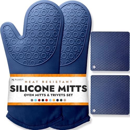 Image of BPA-Free Soft Silicone 4 Piece Oven Mitts & Trivets Set - Ultra Heat Resistant Oven Mitts with Thick Cotton Liner - Long Slip Resistant Pot Holders, Flexible Oven Gloves - Royal Blue