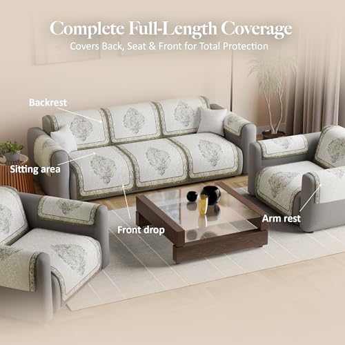 Image of Kuber Industries 5 Seater Sofa with Arm Cover | Velvet Slipcover for Living Room | Thick & Cozy | Non-Slip Comfort Sofa Cover Set | Digital Painting Juliet 1186 - Cream & Brown
