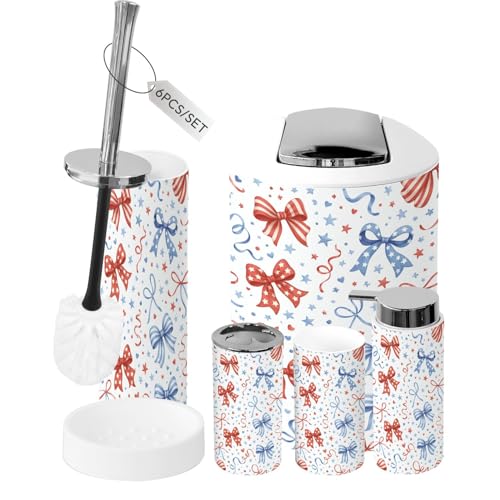 6 Piece Bathroom Accessories Set Seamless 4th July Bow red