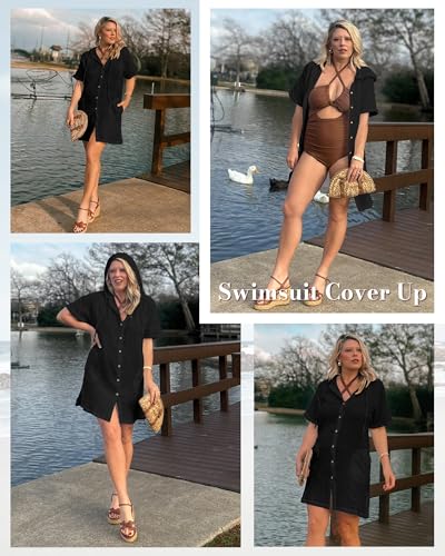 Bsubseach Cotton Swimsuit Cover Up For Women 2025 Button Down Hooded Shirt Short Sleeve Beach Cover Ups With Pockets4
