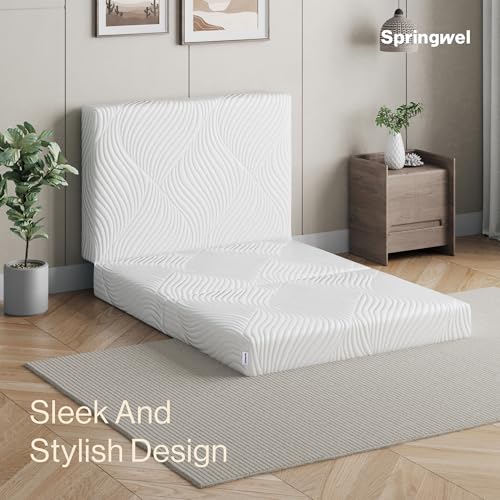 Image of Springwel Tri-fold Portable Mattress | Lightweight & Compact | Use for Extra Bedding, Travel and Lounging | Anti-Skid Base | Machine Washable Cover | White, 72x36x4 Inch