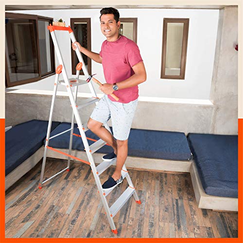 Image of Bathla Elevate 7-Step Foldable Aluminium Ladder for Home with Tool Tray | Anti-Skid | Durable, Heavy Duty, Safe & Stylish | 5-Year Warranty | Orange