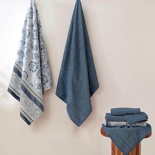 Image of Modern Threads 6 Piece Bath Towel Set - Bathroom Set with 2 Bath Towels, 2 Hand Towels, and 2 Wash Cloths - 100% Cotton, Super Absorbent & Extra Soft - Reversible Floral Trail (Navy)