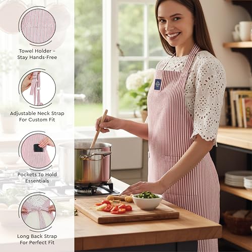 Image of Encasa XO 100% Cotton Apron Set for Women & Men with Adjustable Apron, Oven Gloves & Pot Holder (Pack of 3) Combo, Heat-Resistant, Soft & Durable for Cooking, Baking & Grilling (Ticking Red)