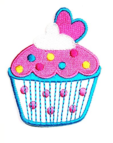 HHO Cute Cupcakes Pink White Heart Patch Embroidered DIY Patches, Cute Applique Sew Iron on Kids Craft Patch for Bags Jackets Jeans Clothes