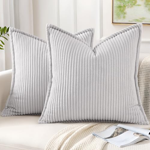 Mecatny Corduroy Throw Pillow Covers 18x18 Set of 2, Neutral Decorative Soft Boho Couch Pillow Covers with Broadside for Sofa Living Room, Grey