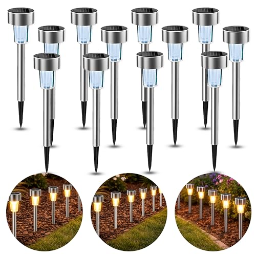 Retoo Solarlampen für Außen mit Dämmerungssensor, 12 Stück, Leuchtdauer bis zu 8 Stunden, kalte Lichtfarbe 6500K Superhelle, Wasserdicht LED Gartenleuchte für Außen Weg, Garage, energiesparend