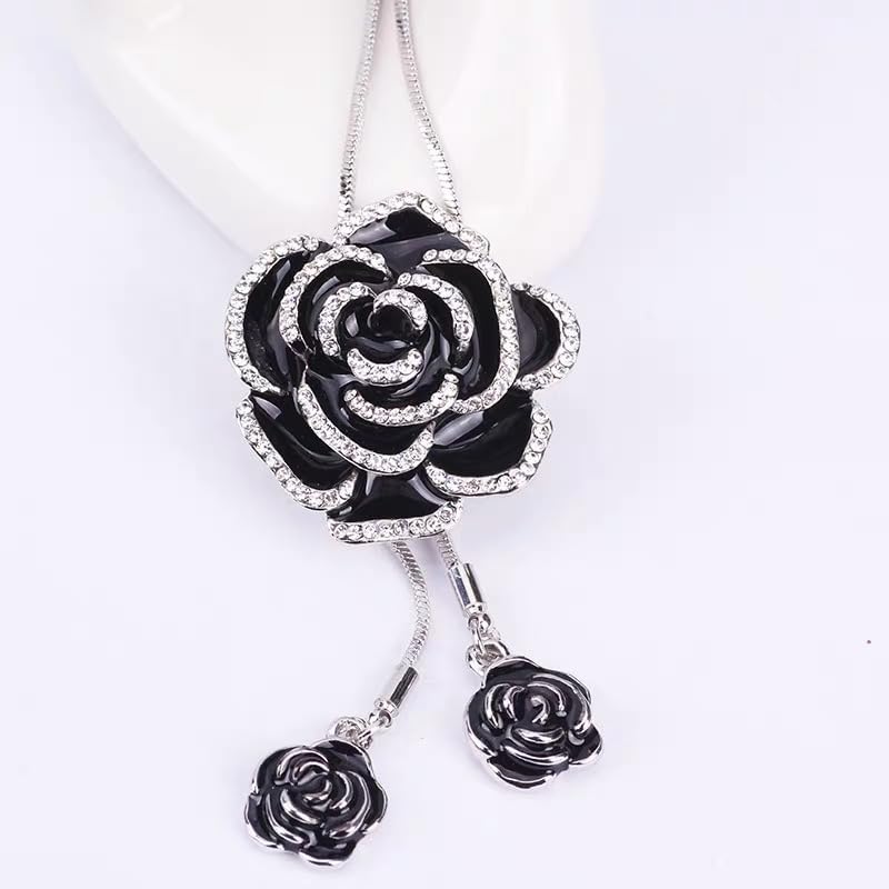 Vintage Black Enamel CZ Rose Flower Pendant Long Lariat Y Necklace for Women Crystal Fashion Statement Tassel Drop Elegant Sweater Adjustable Snake Chain Wedding Jewelry for Her 33'' - Image 3