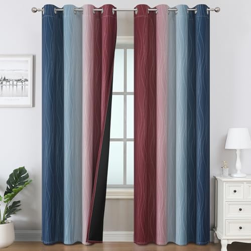Image of Estelar Textiler Navy Blue and Burgundy Red Ombre Blackout Curtains 96 Inch Length 2 Panels, Light Blocking Thermal Insulated Room Darkening Window Drapes for Bedroom /Living Room, 52x96 Inch
