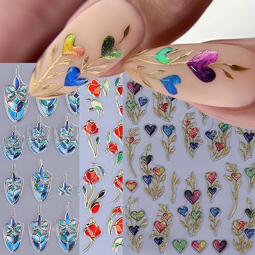 3 Sheets Valentines Day Nail Art Stickers 5D Embossed Heart Flower Nail Stickers Blue Floral French Nail Decals Love Flowers Nails Designs Valentines Nails Sticker for Women DIY Manicure Nail Supplies