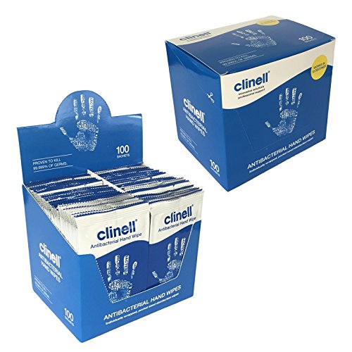 100 x Clinell antibacteriano 2 en 1 Action MANO LIMPIEZA Hidratante Desinfectante Individual Toallitas MATA 99.999% of Gérmenes