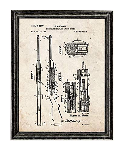 Gas Operated Bolt and Carrier System Gun Patent Art Old Look Print in a Black Wood Frame (8.5" x 11") M12314