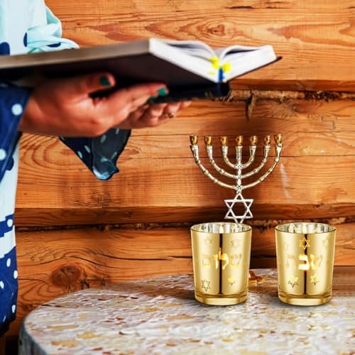 Image of Honeydak Set of 2 Shabbat Candles Holders Gold Jewish Judaica Gift Set Electroplated Glass Modern Shabbat Candlestick Holders for Tea Lights Hanukkah Gifts