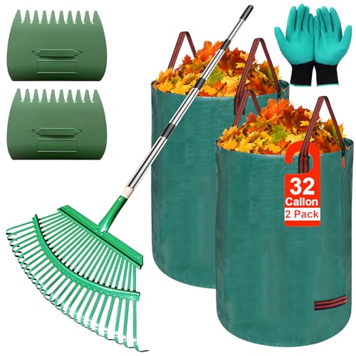 5-in-1 Garden Leaf Rake Tool Set ,Adjustable Leaf Rake with 2 Large Leaf Collector Bag,A Pair of Leaf Grabbers and A Pair of Work Gloves– Perfect for Yard Cleanup, Lawn Maintenance, Outdoor Gardening